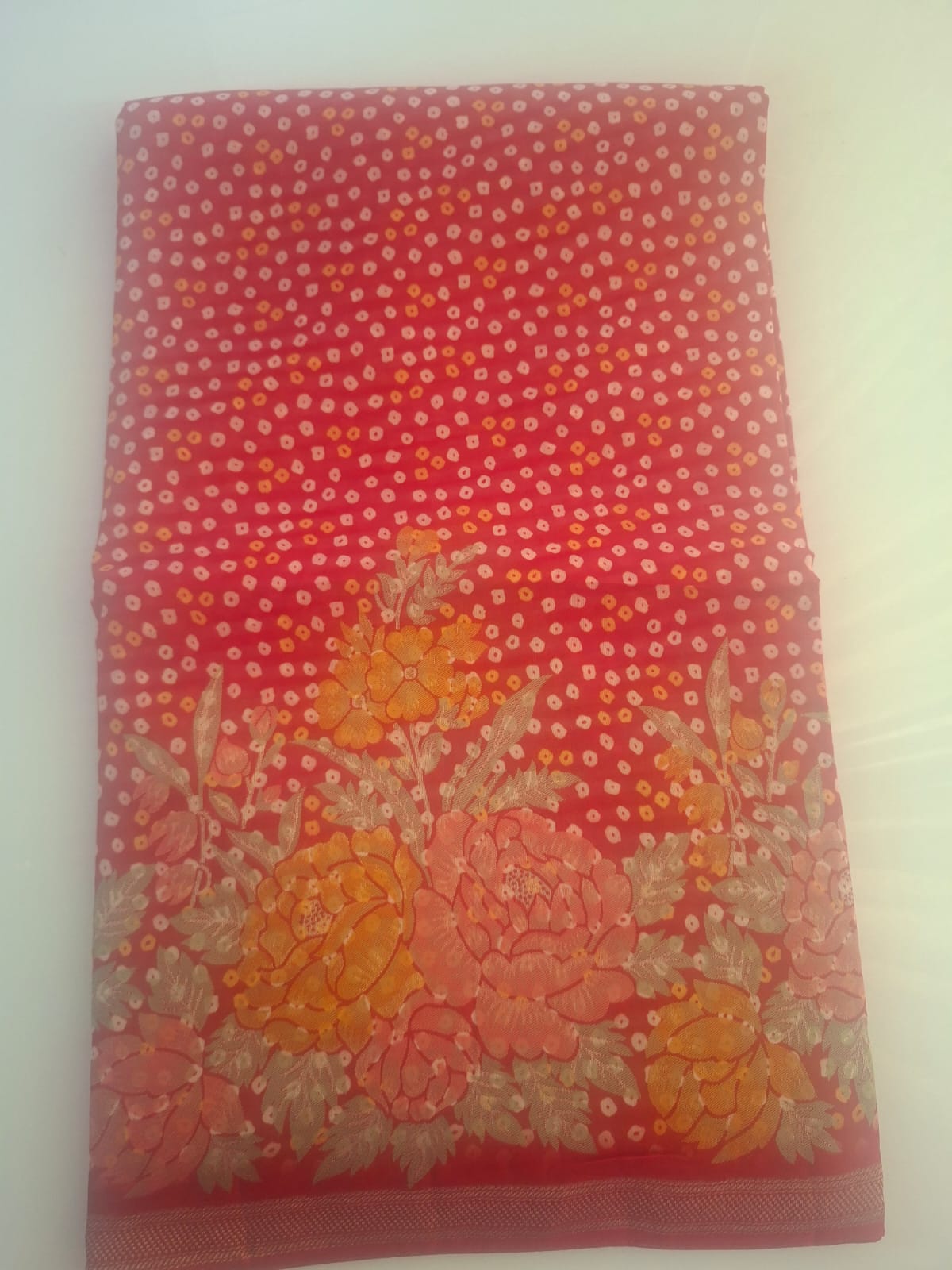 Red crape silk bandhani saree