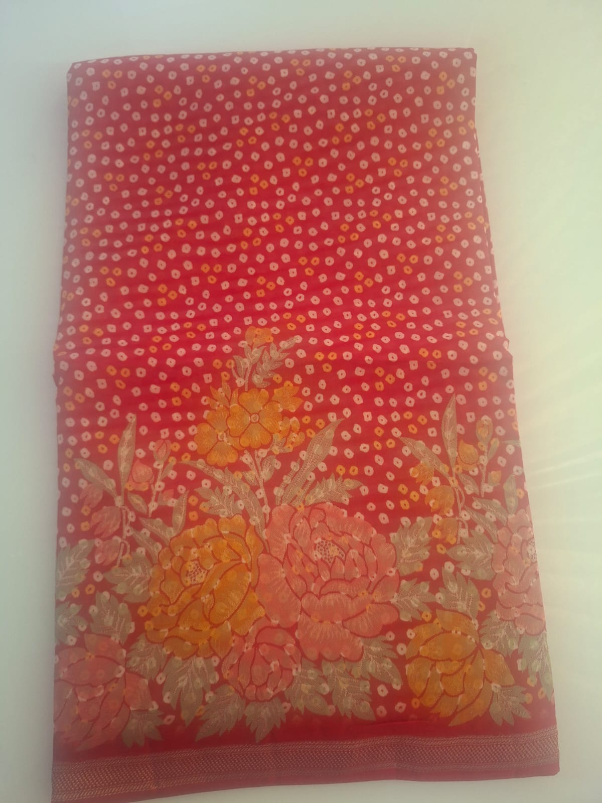 Red crape silk bandhani saree