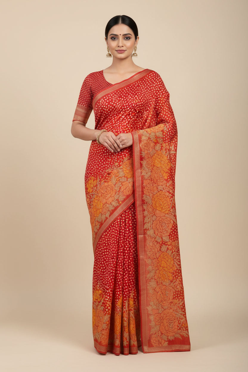 Red crape silk bandhani saree
