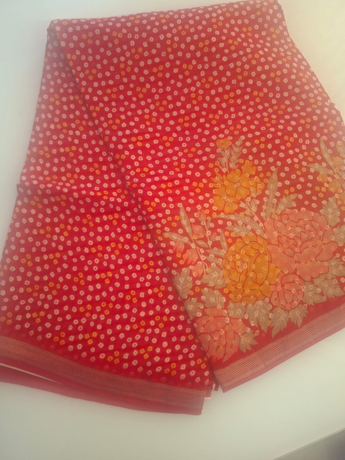 Red crape silk bandhani saree