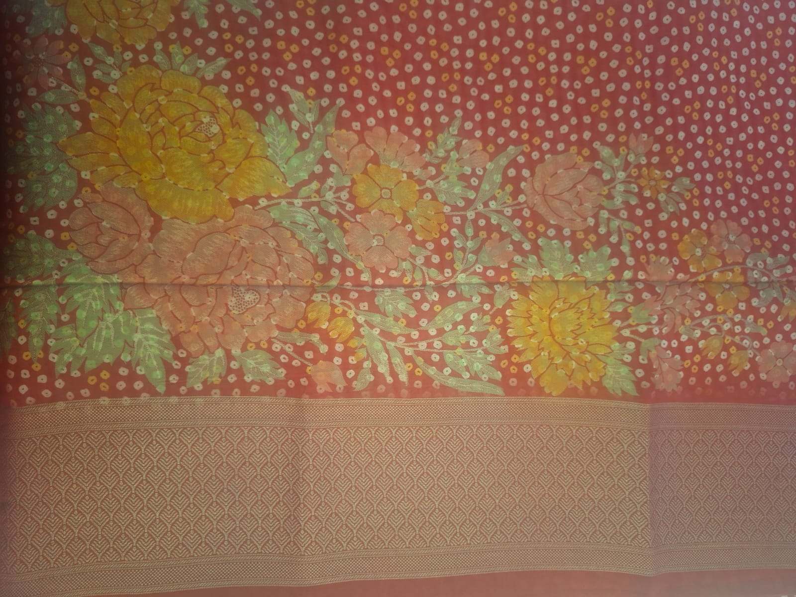 Red crape silk bandhani saree