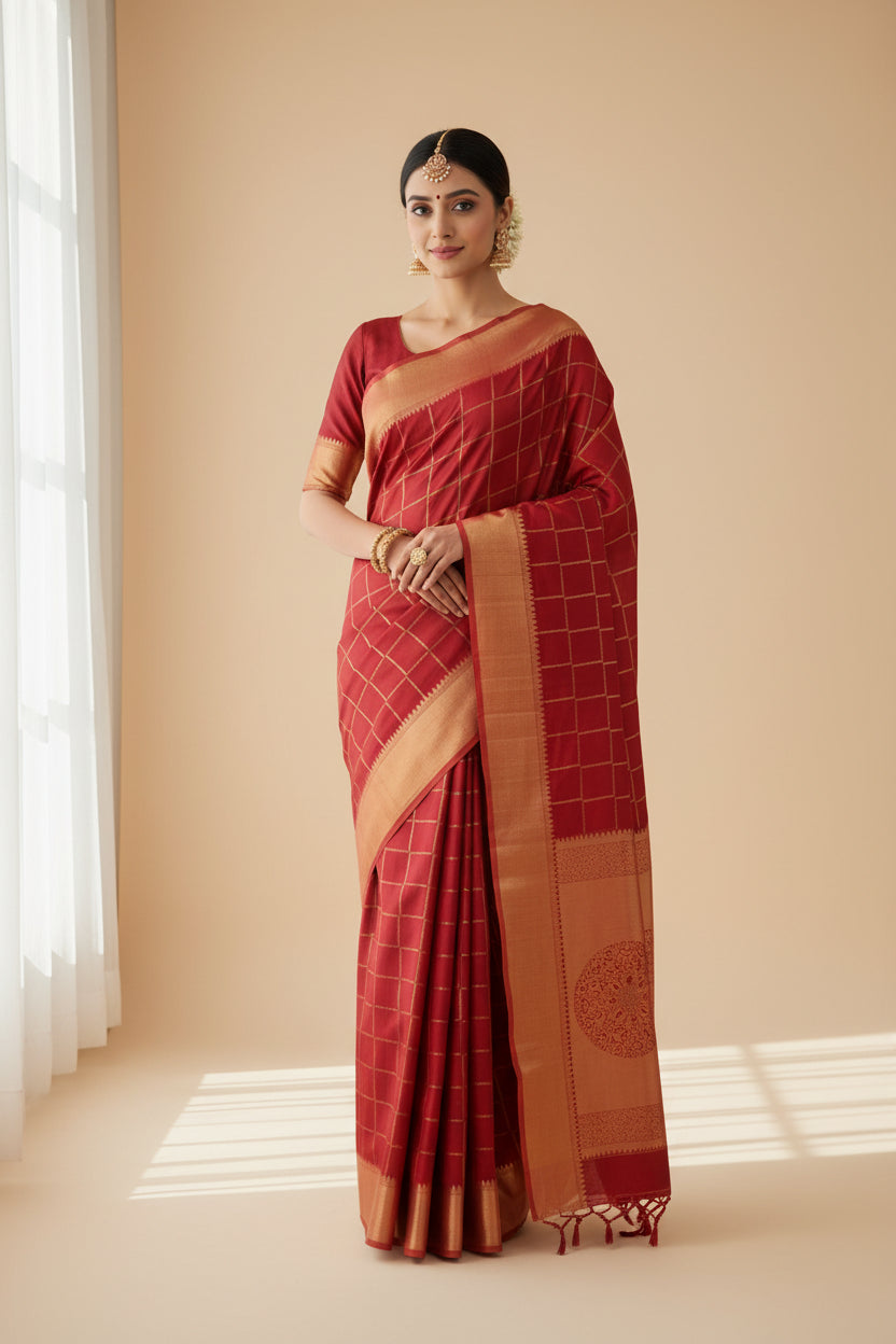 Red fabric with gold patterns on a white background