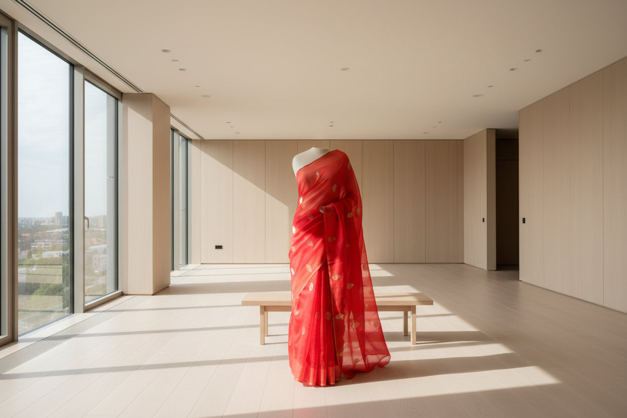 Red fabric with gold patterns on a white background