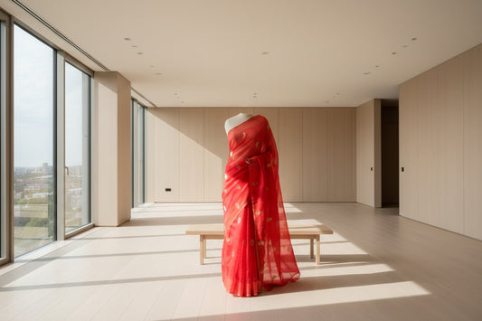 Red fabric with gold patterns on a white background