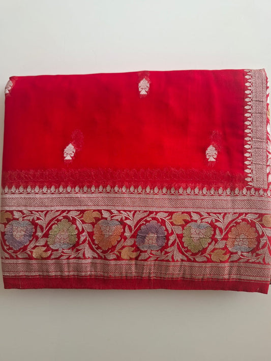 red semi chiffon meenakari border saree
