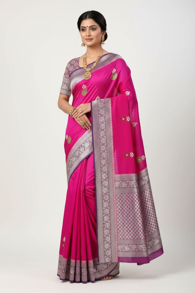 Pink fabric with floral patterns on a brown textured background