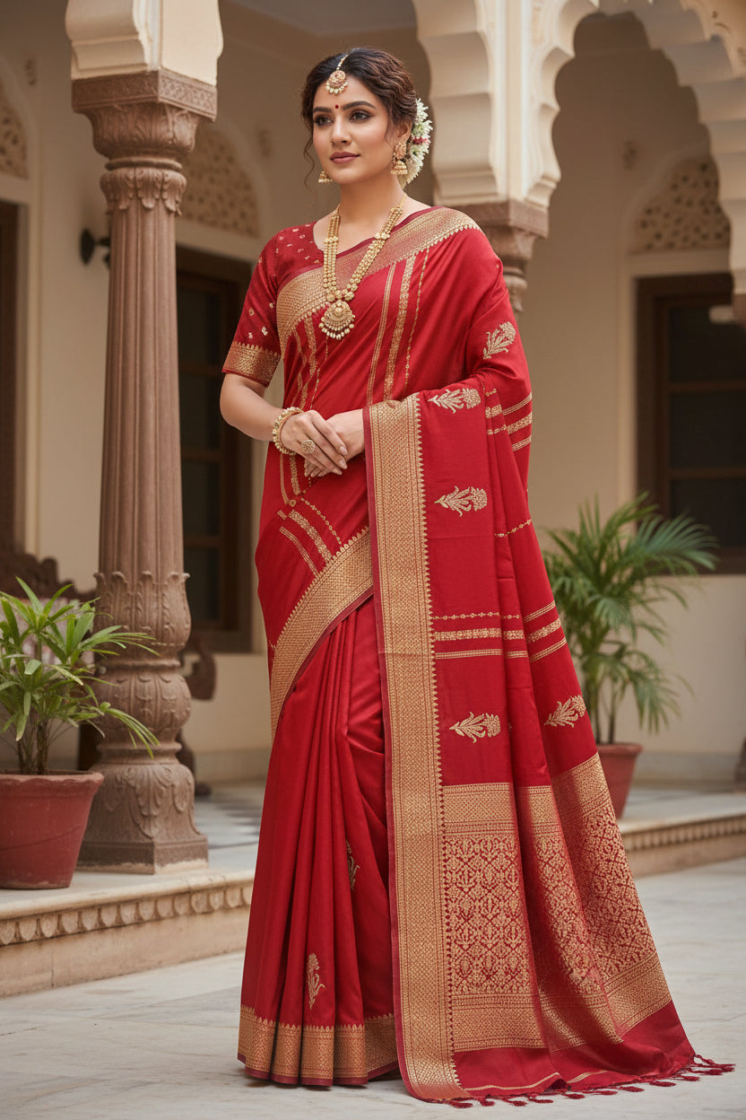 Red fabric with gold embroidery on a white background