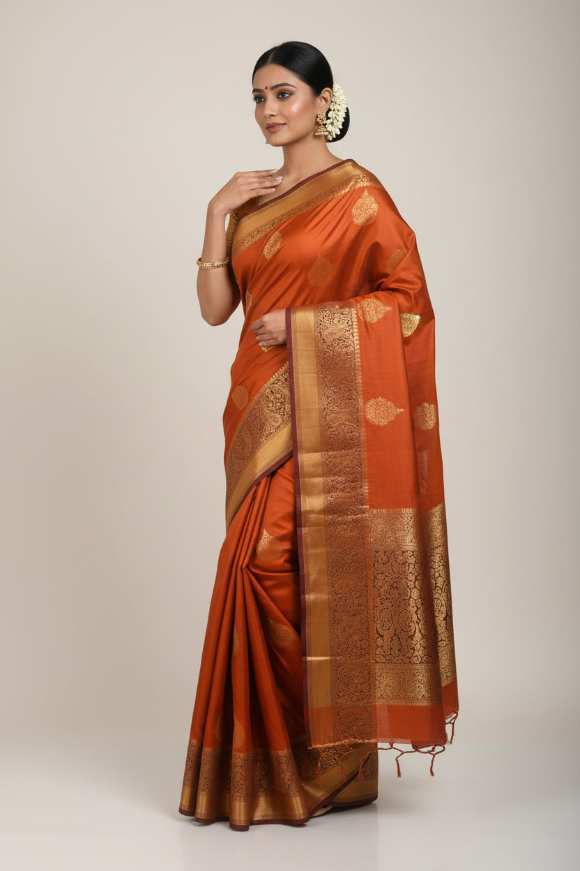 Orange saree with gold patterns on a white background