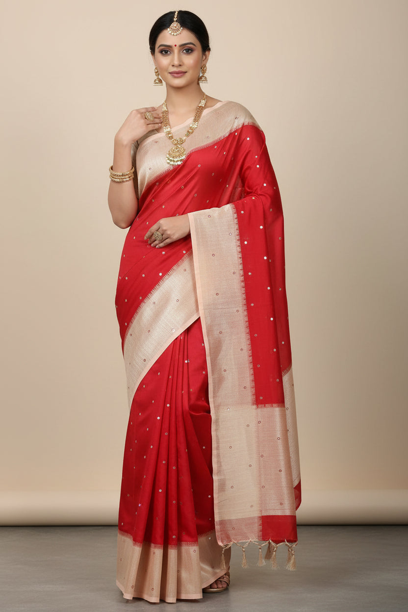 red semi raw silk saree