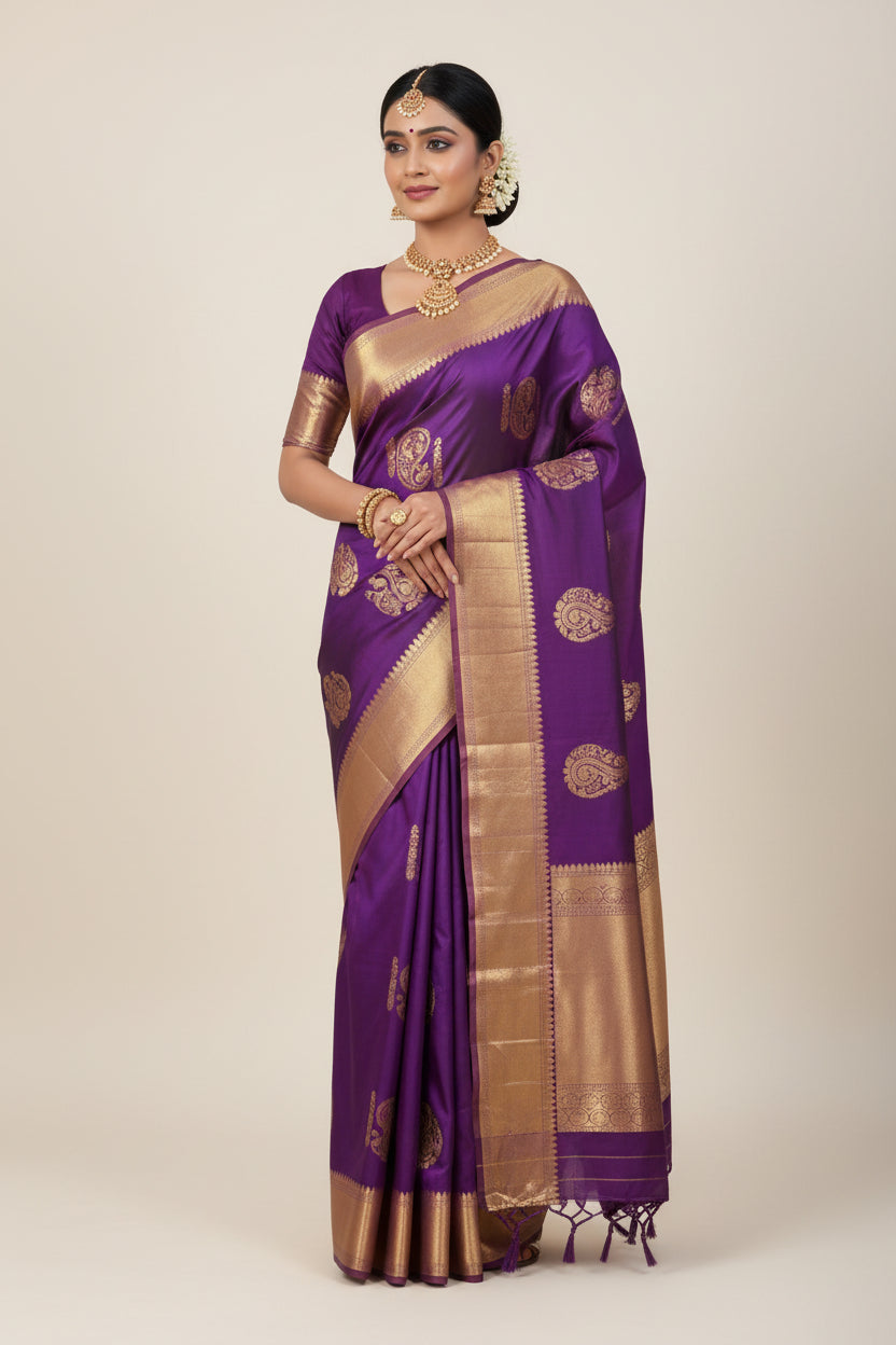 Purple saree with gold border and patterns on a light gray background