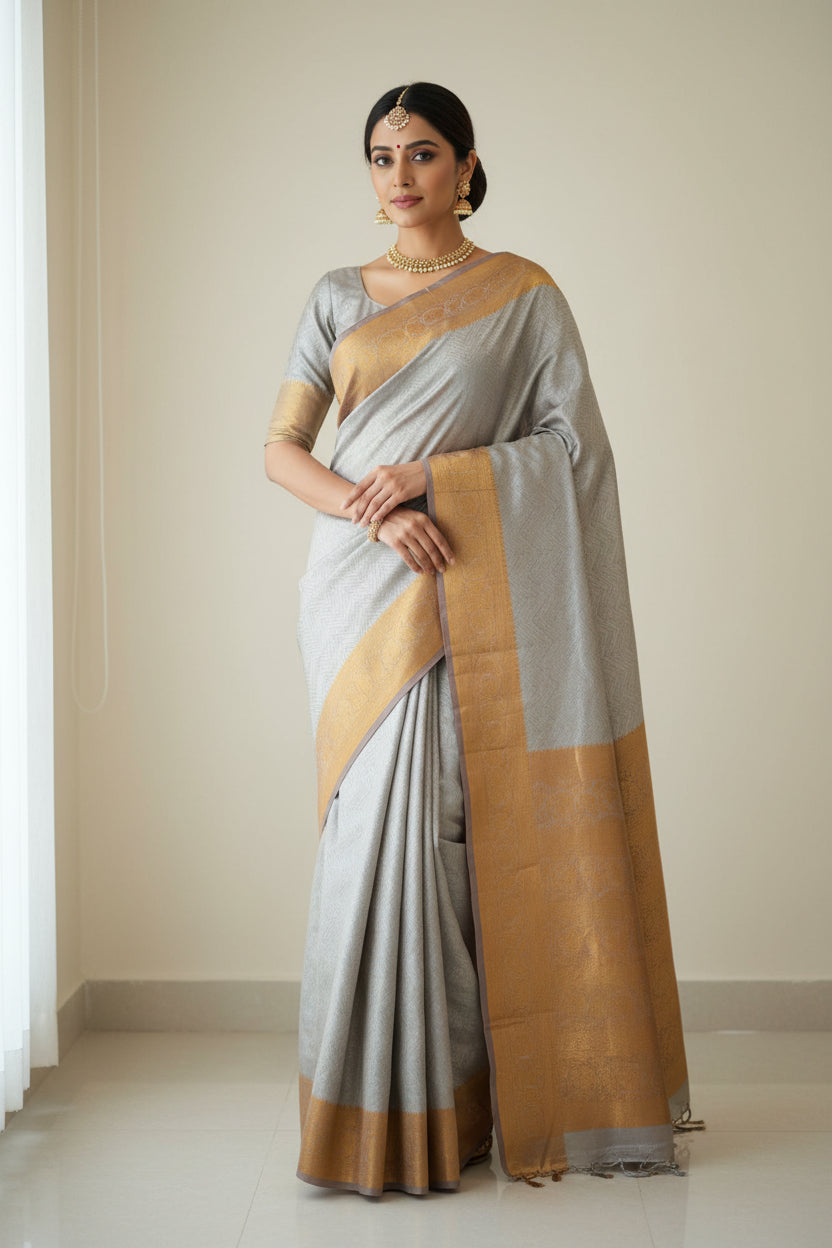 silver with golden border glass tissue saree