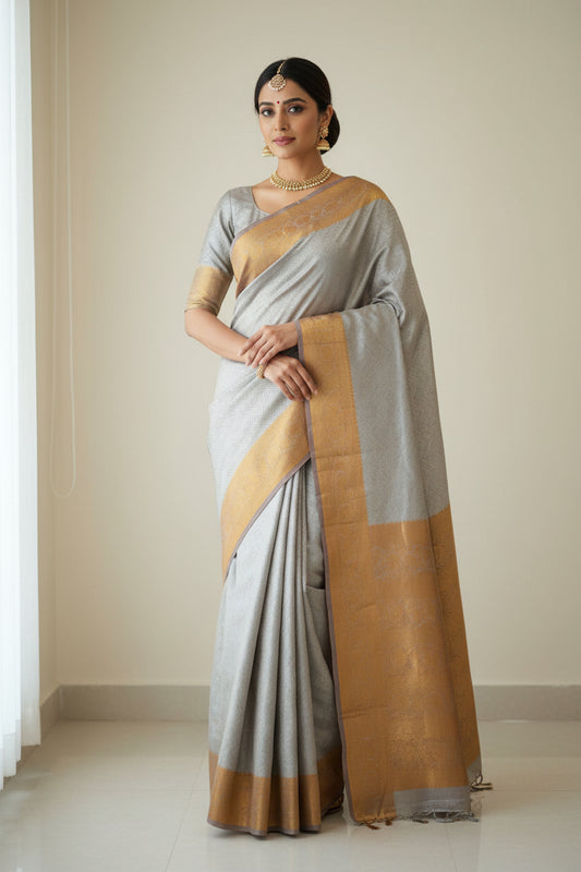 silver with golden border glass tissue saree