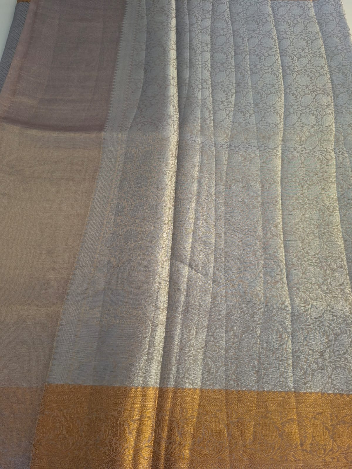 silver with golden border glass tissue saree