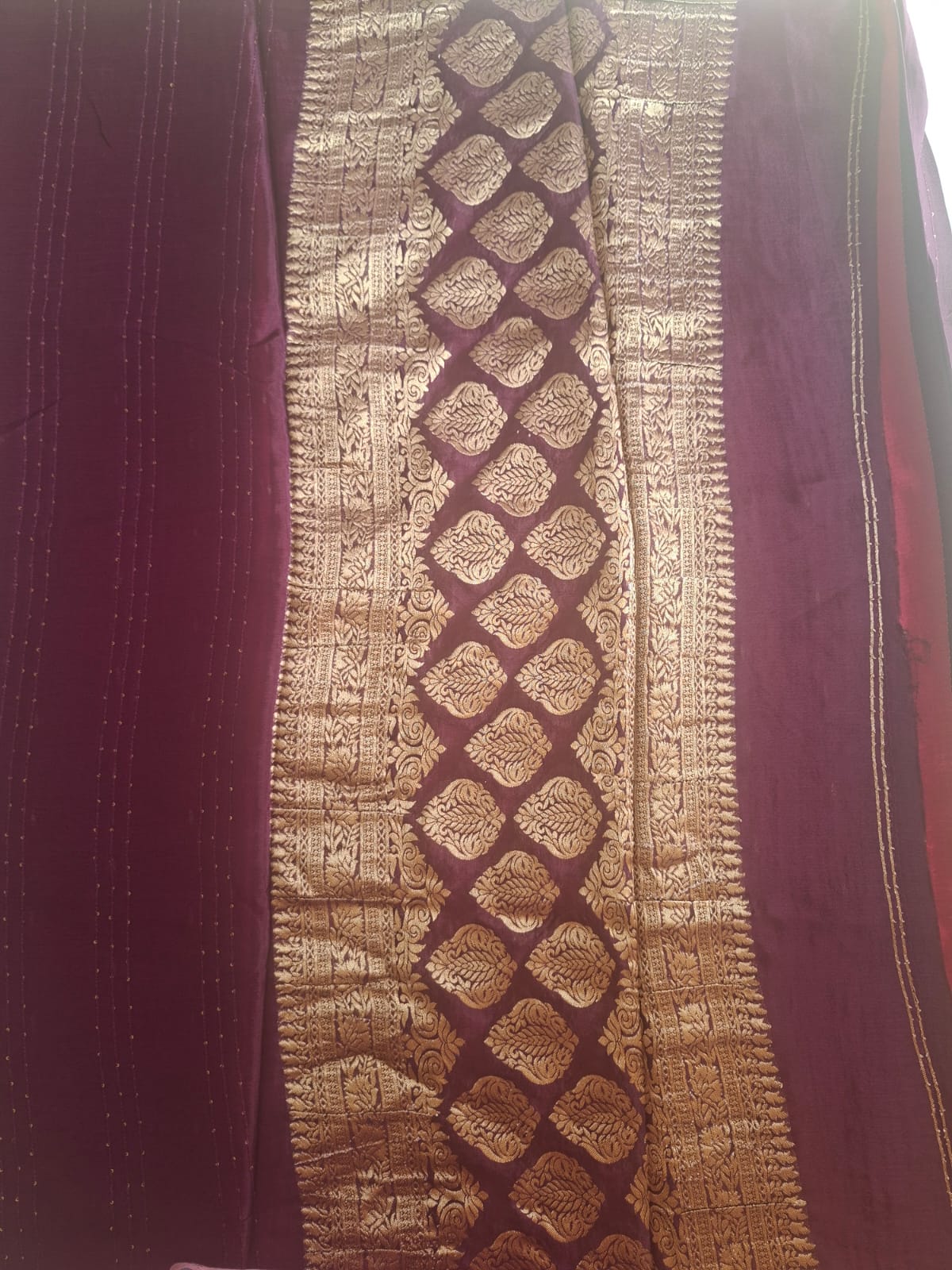 wine red  copper zari border semi georgette tikki saree 1