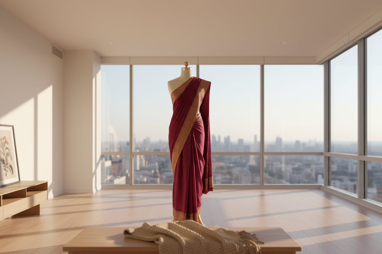 wine red  copper zari border semi georgette tikki saree 1