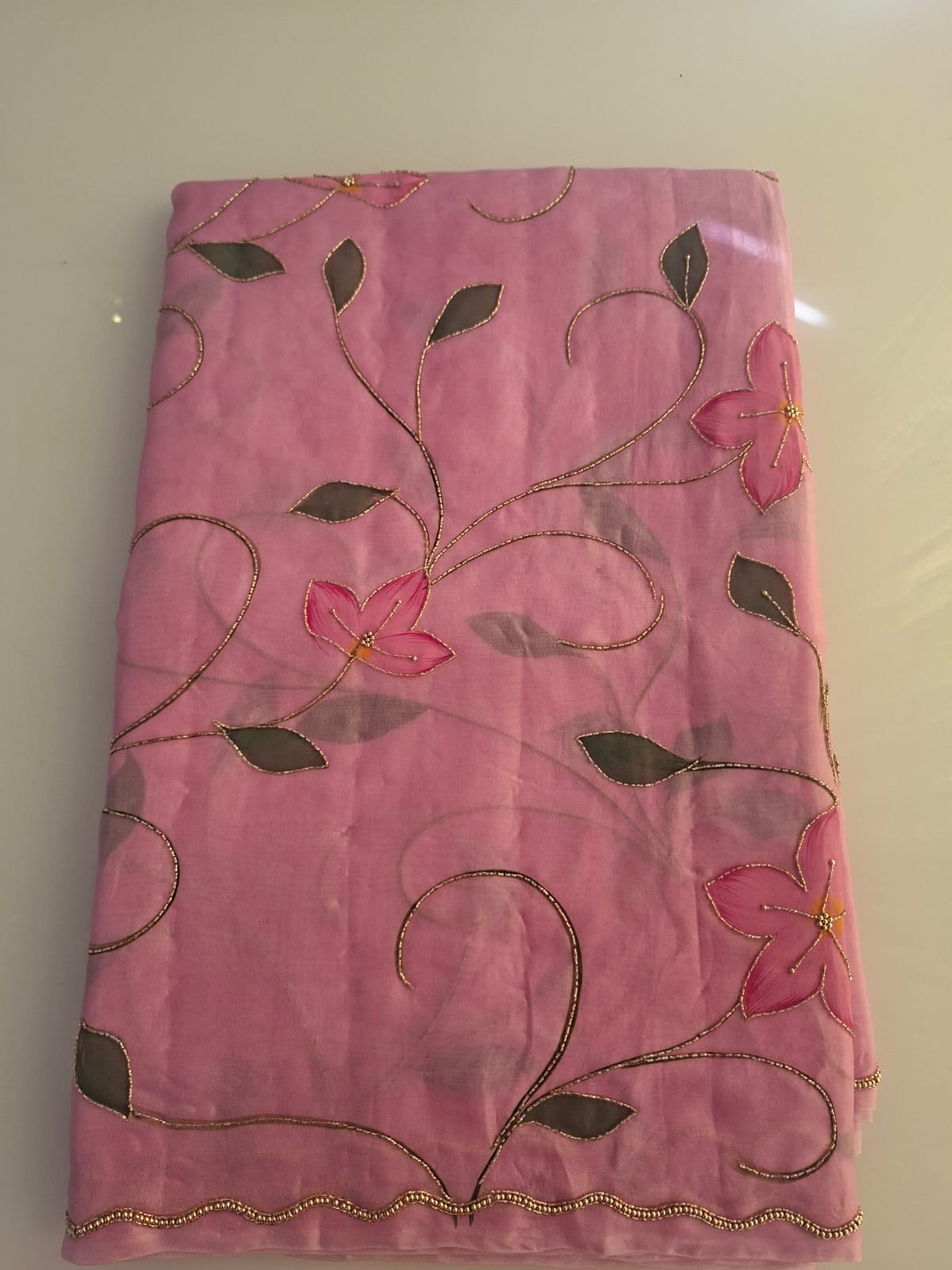 pink pure kora hand work saree