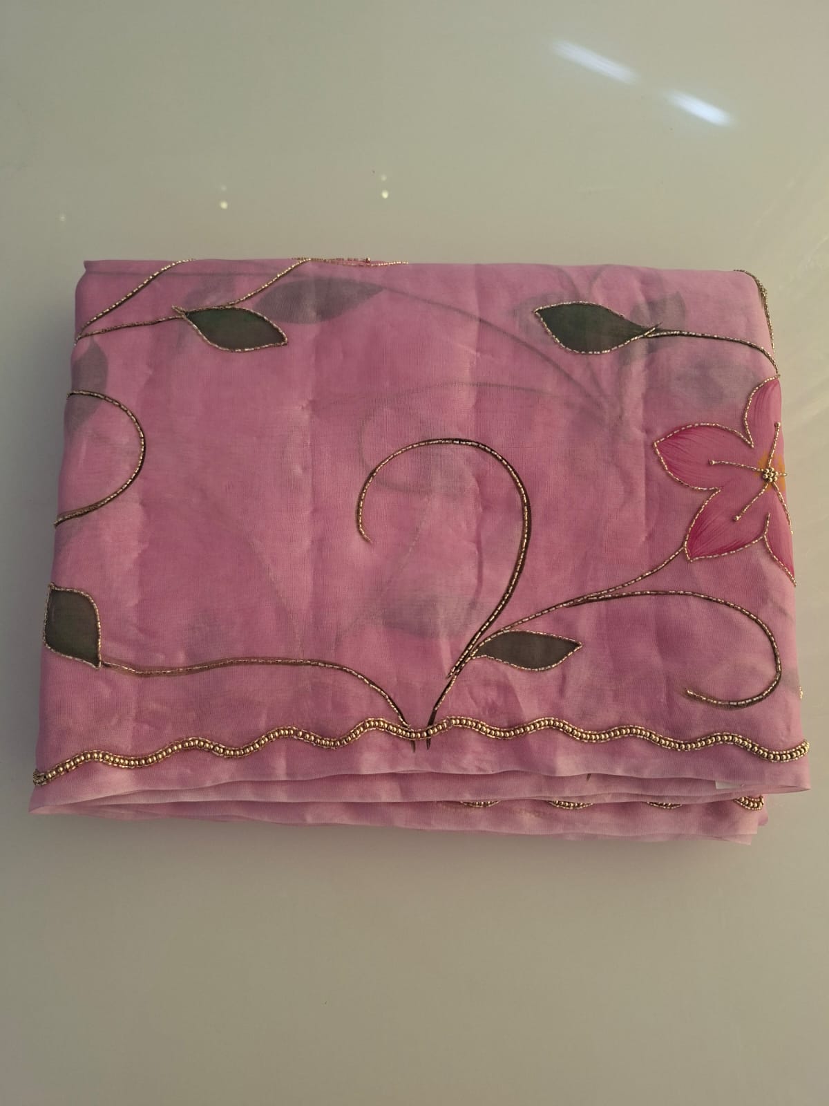 pink pure kora hand work saree
