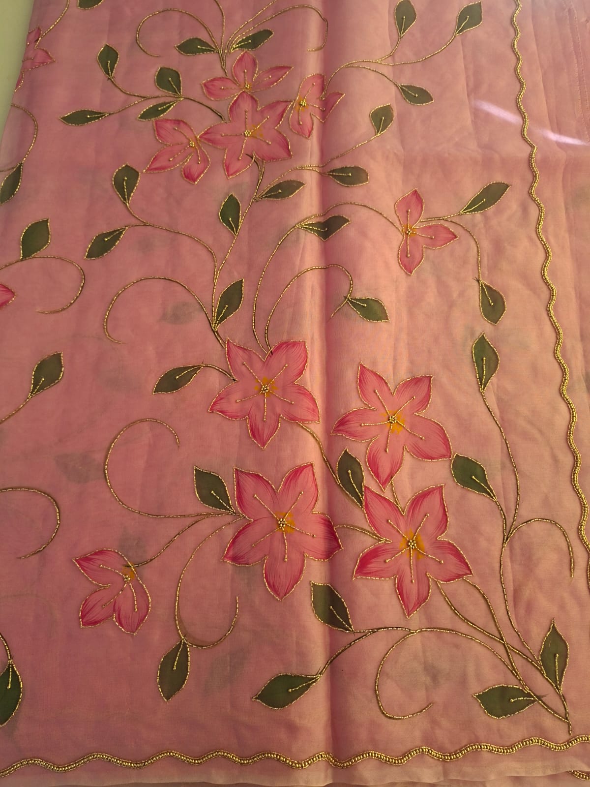 pink pure kora hand work saree