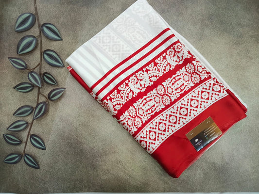 white with red satin saree