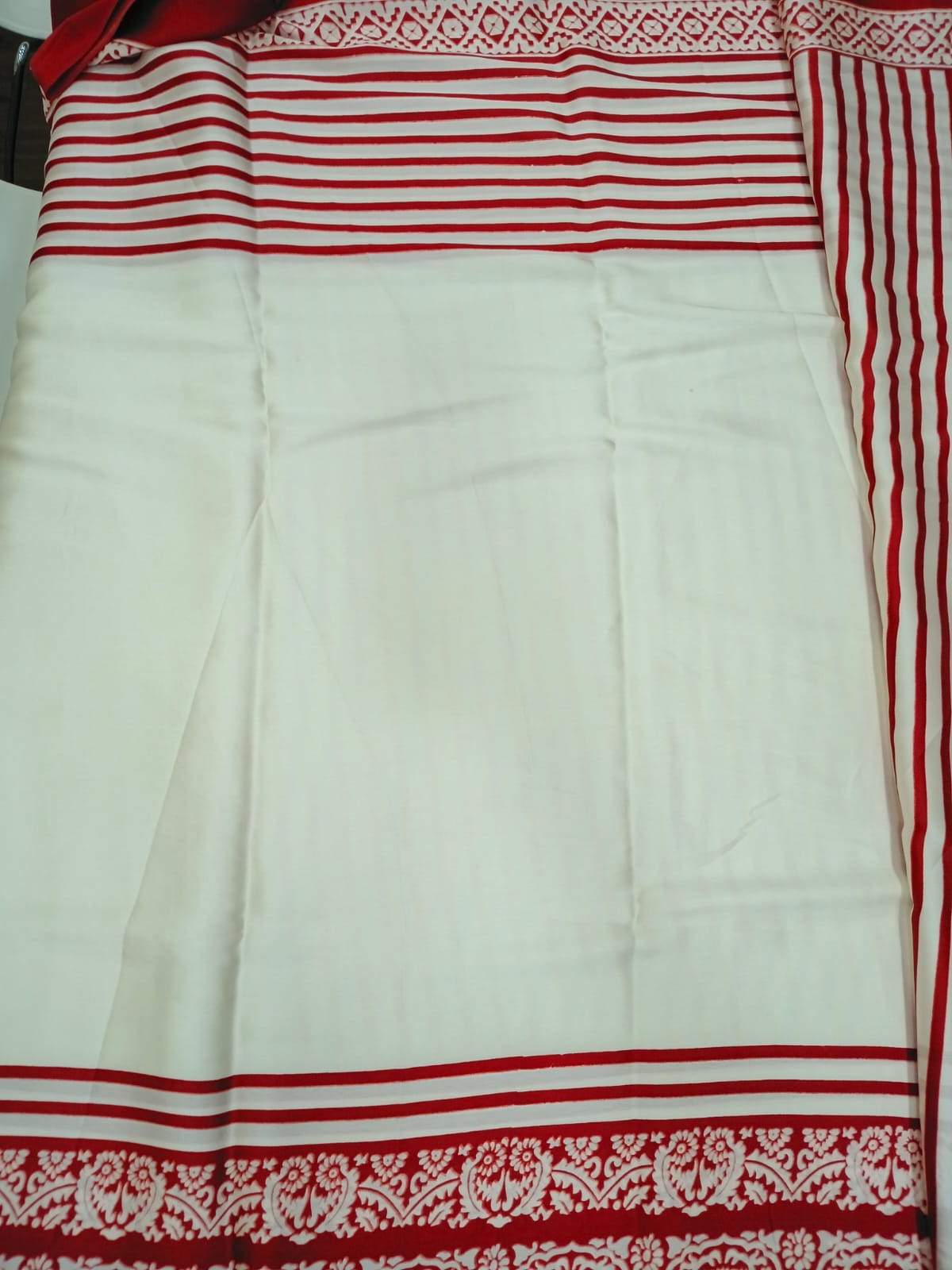 white with red satin saree