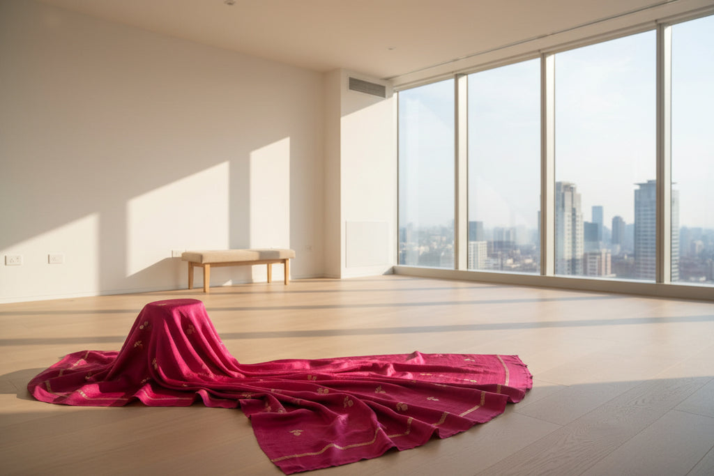 Folded maroon fabric with gold patterns on a white background