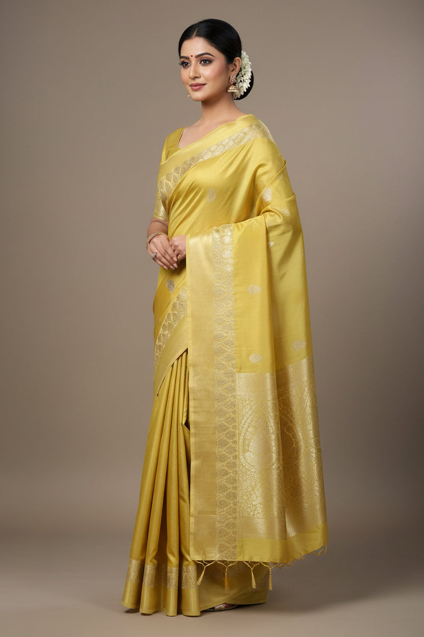 Yellow fabric with lace trim on a textured surface