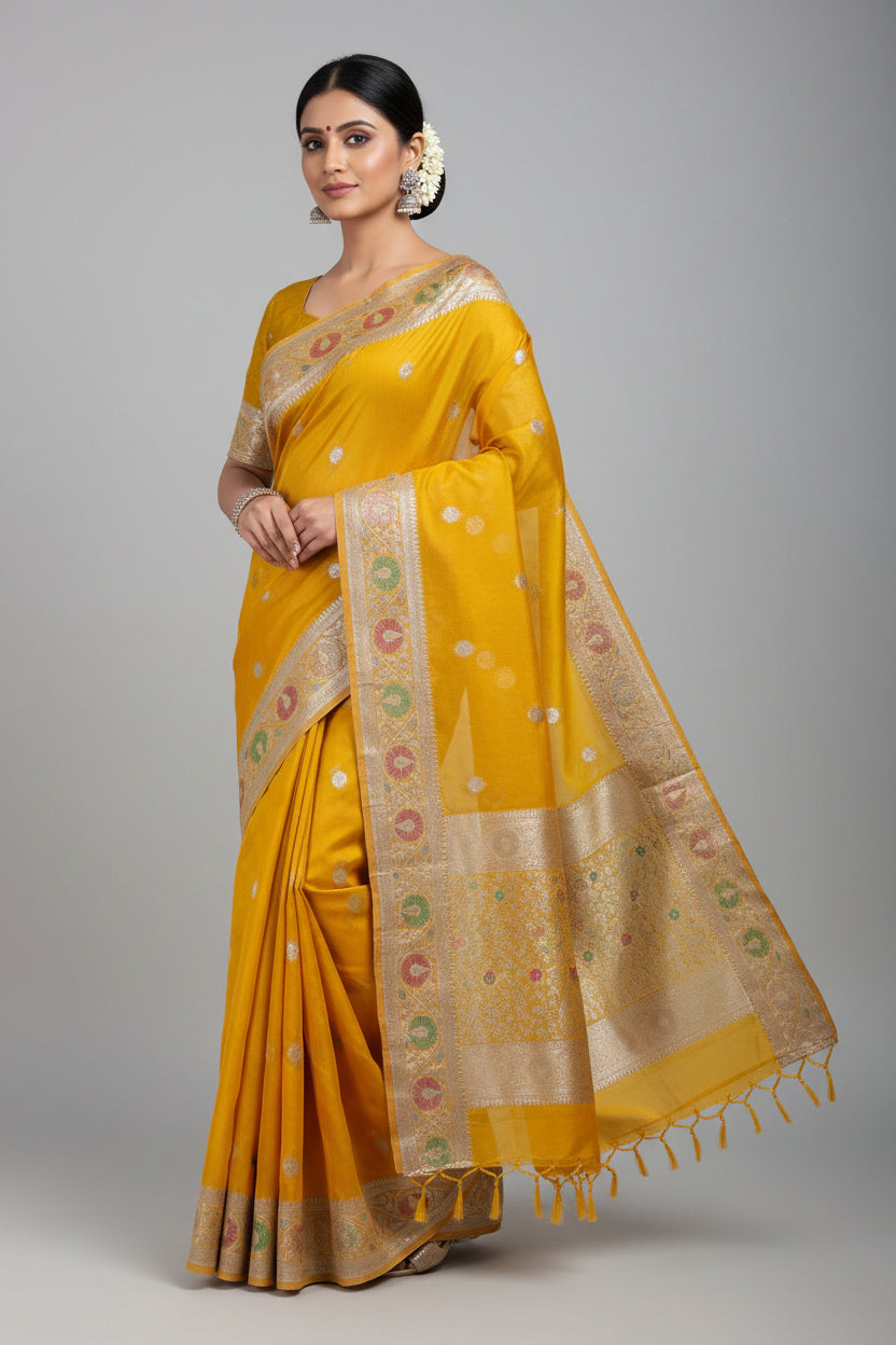 Yellow saree with silver patterns on a light blue background