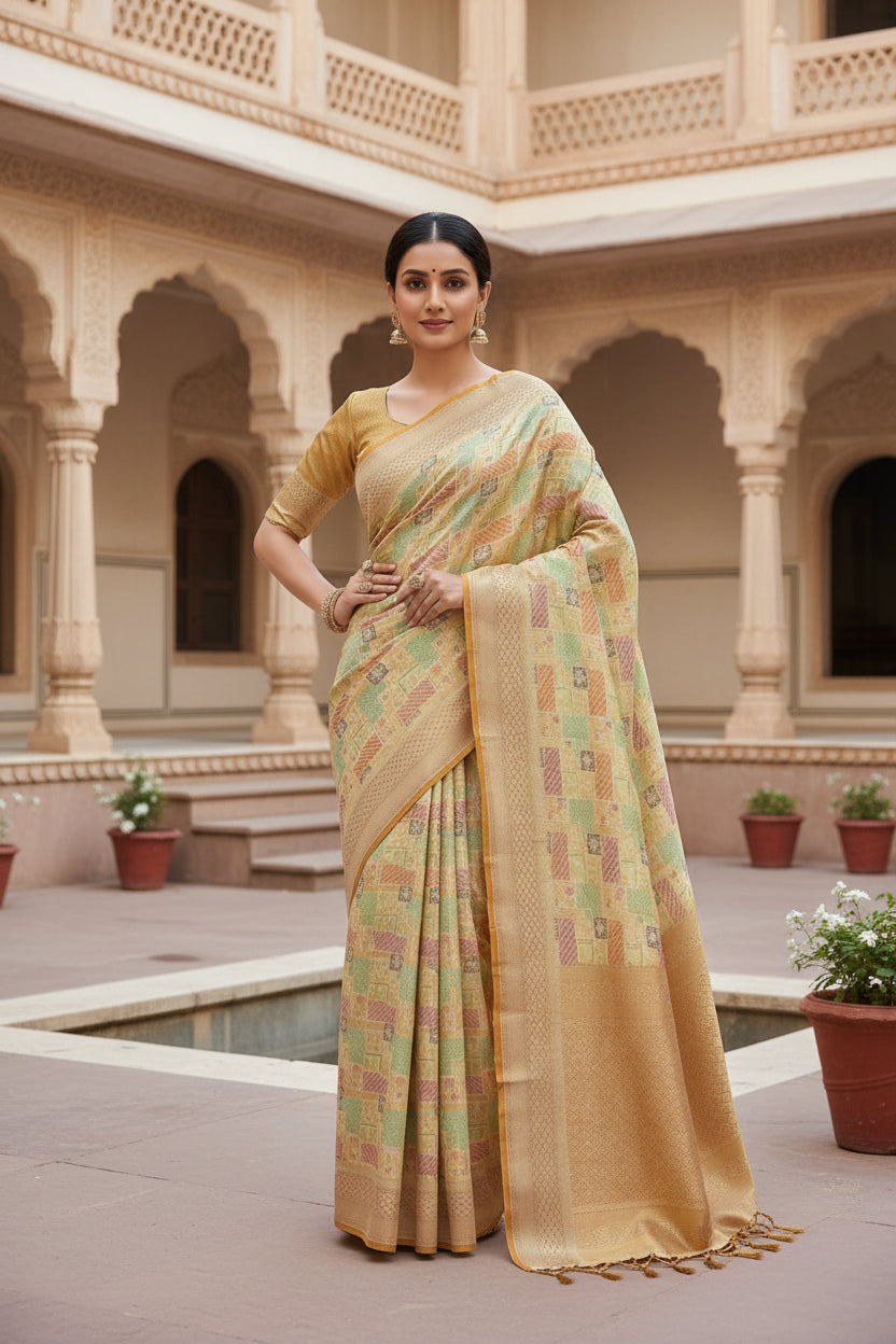 Colorful fabric with geometric pattern on a white background