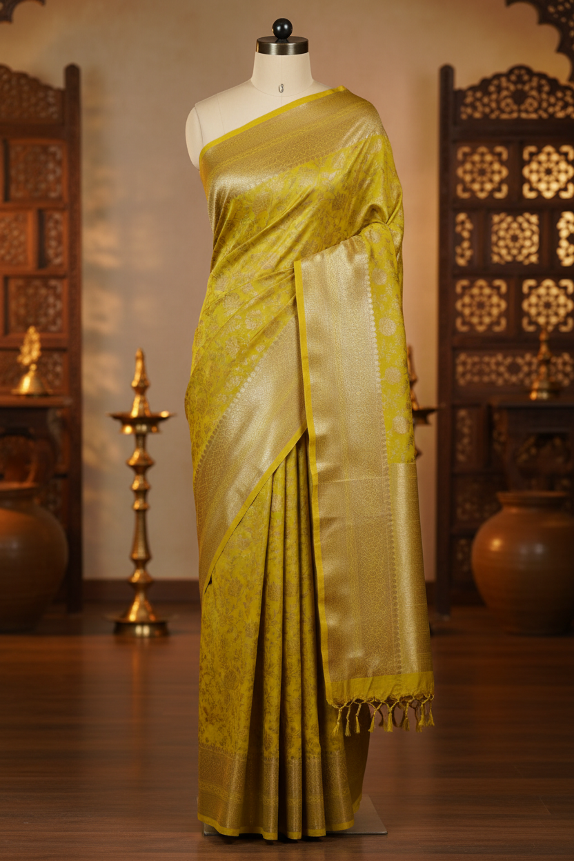 Yellow Semi Silk Saree on Mannequin