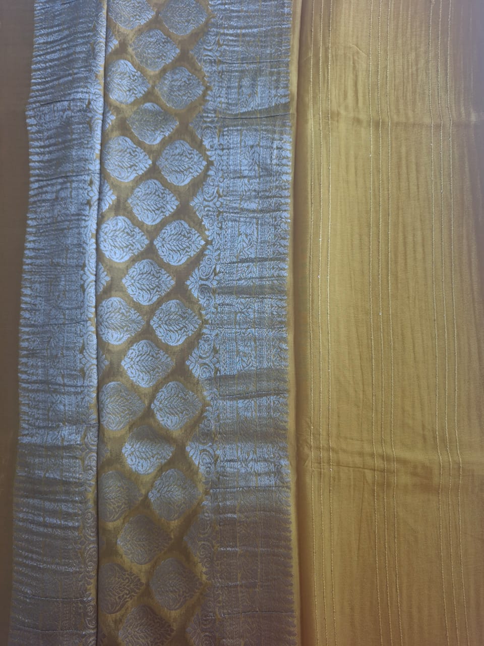 yellow with copper zari semi georgette tikki saree 1