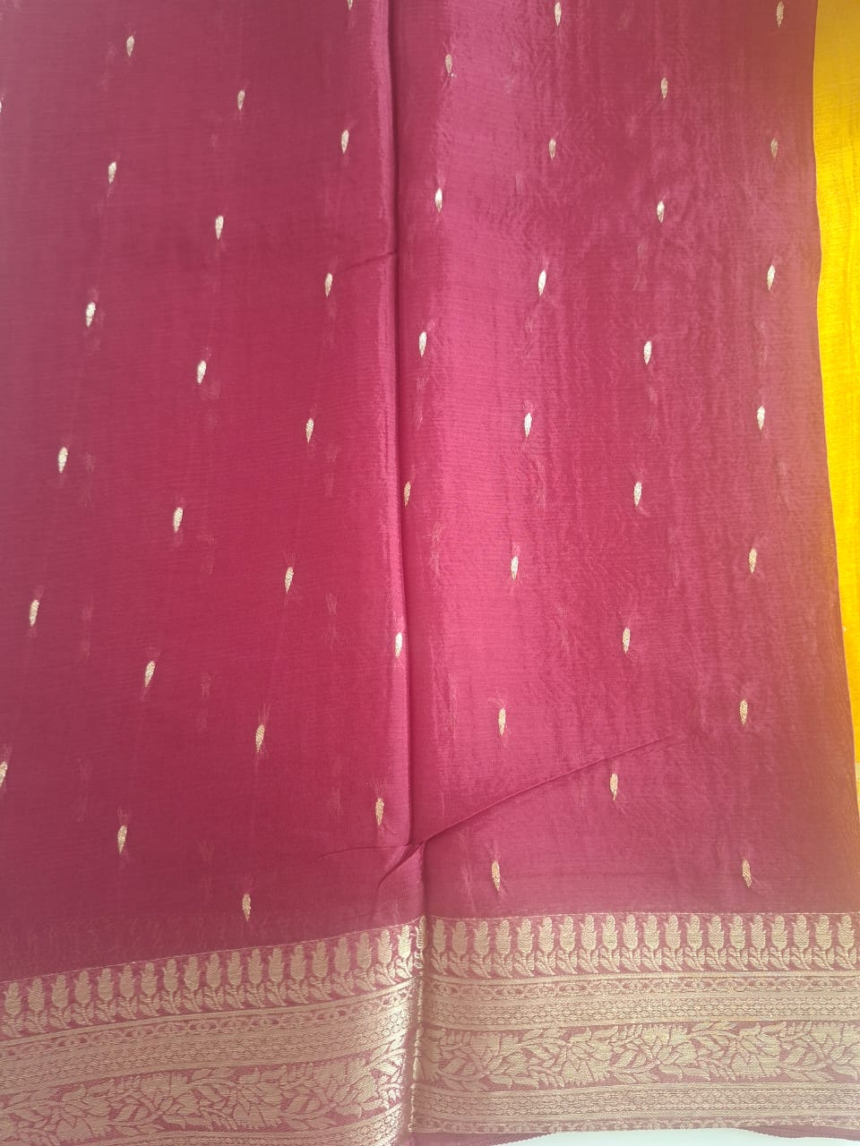 yellow with copper zari semi georgette tikki saree 1