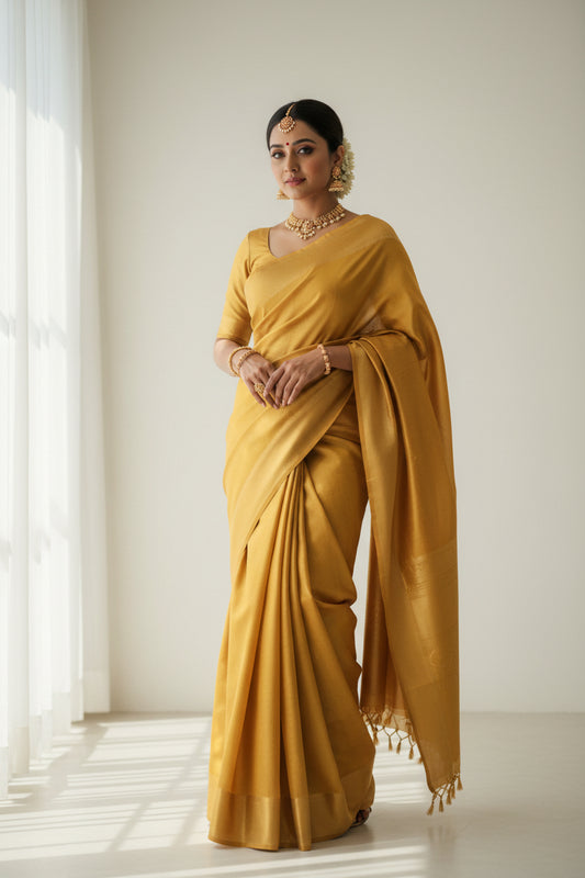 Gold evening gown on a mannequin in a room with large windows.