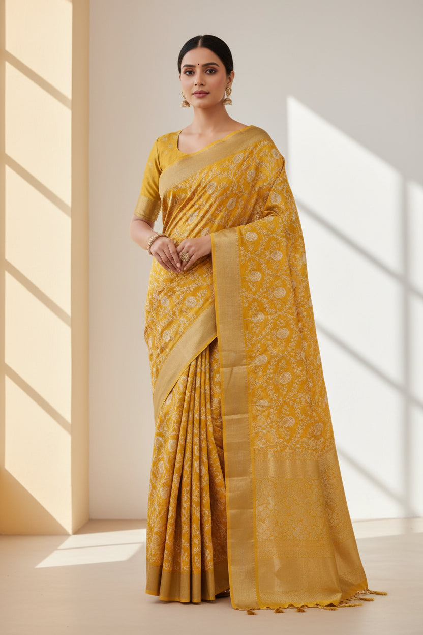 Yellow fabric with floral patterns on a white background