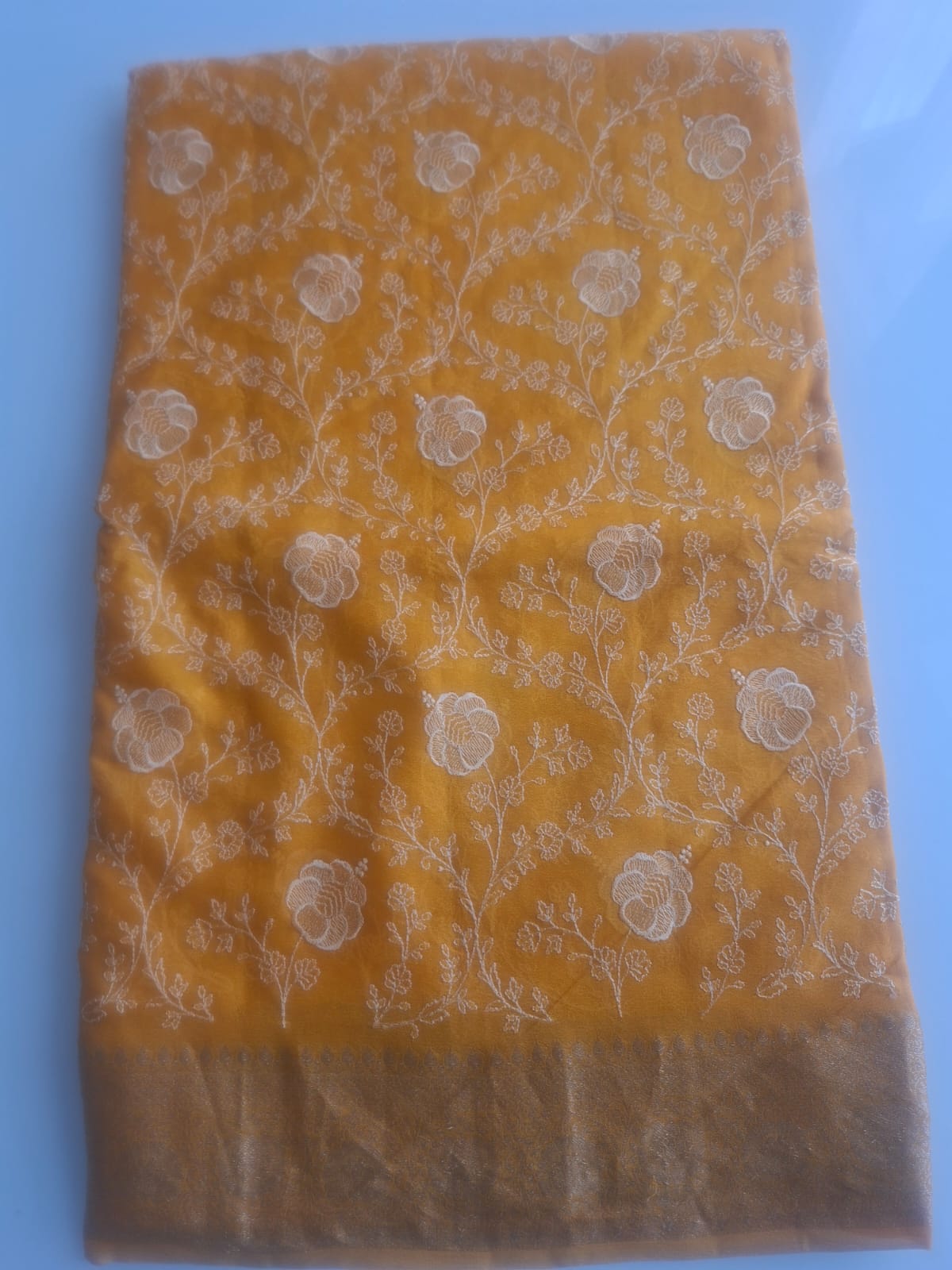 yellow pure  kaddi chiffon chikankari saree