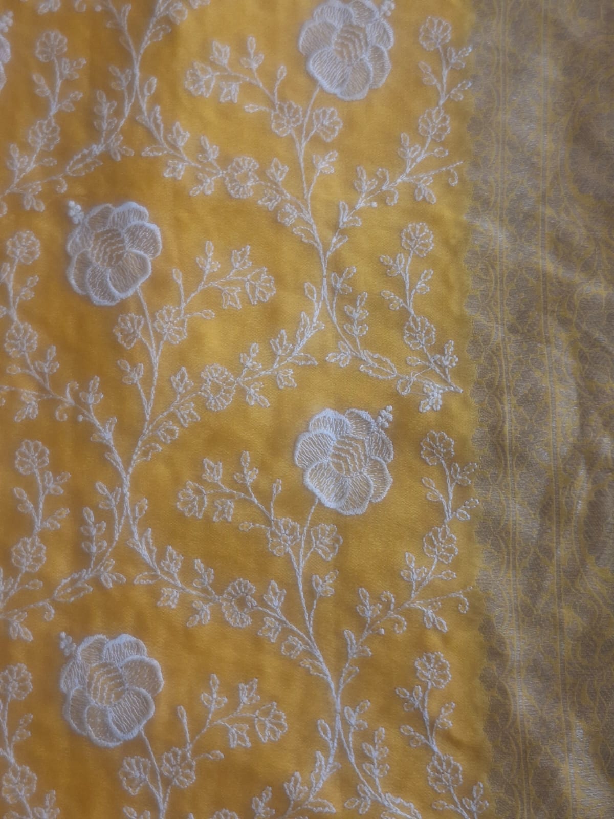 yellow pure  kaddi chiffon chikankari saree