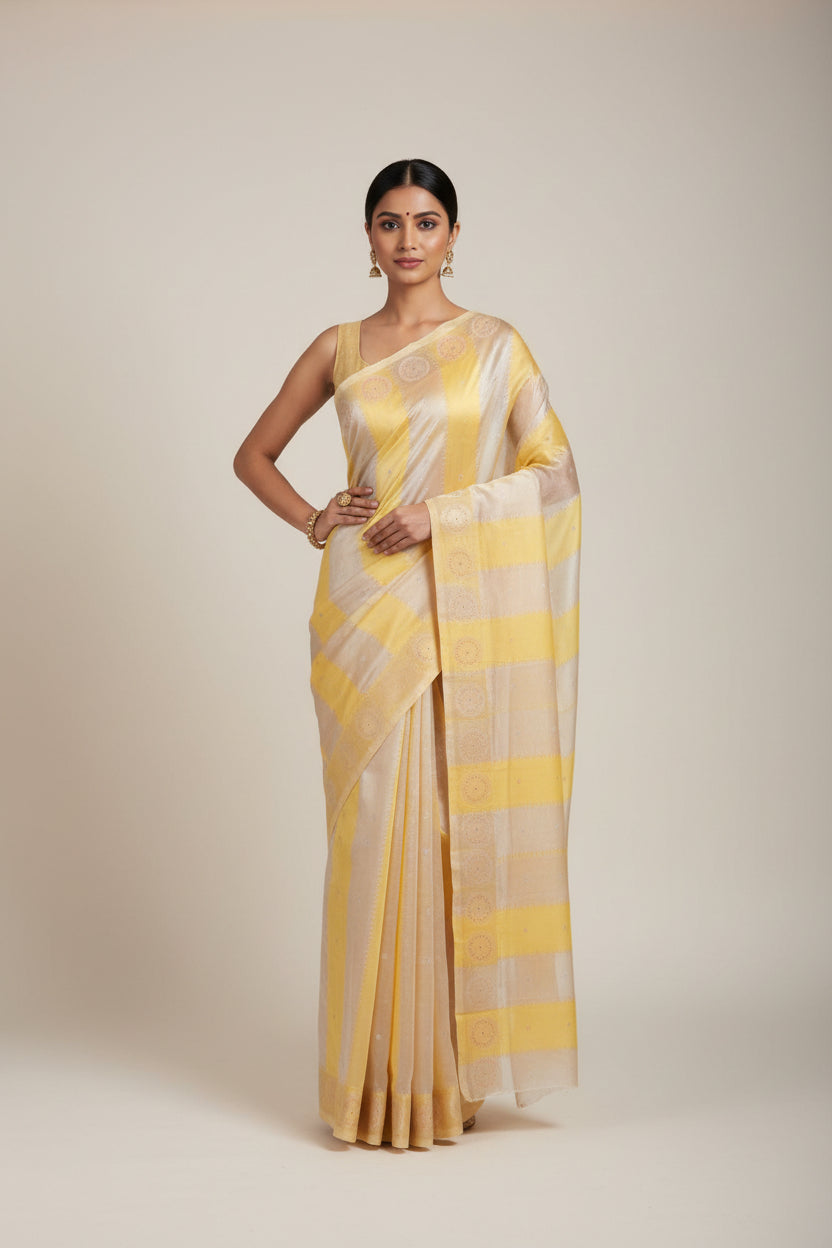 Yellow fabric with decorative patterns on a plain background