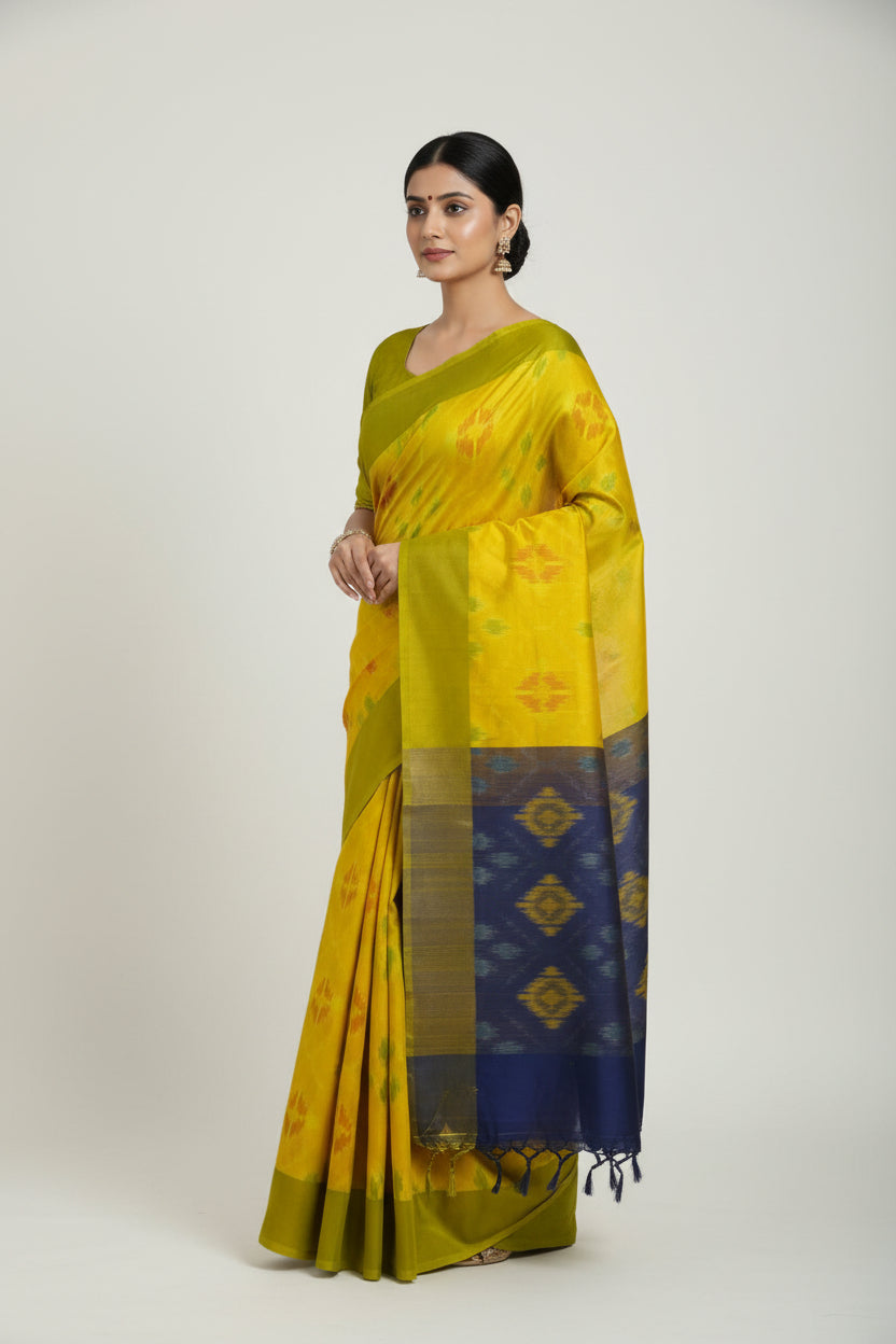 Yellow fabric with green patterns on a blue background