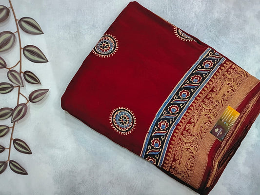 red ajrak modal silk saree