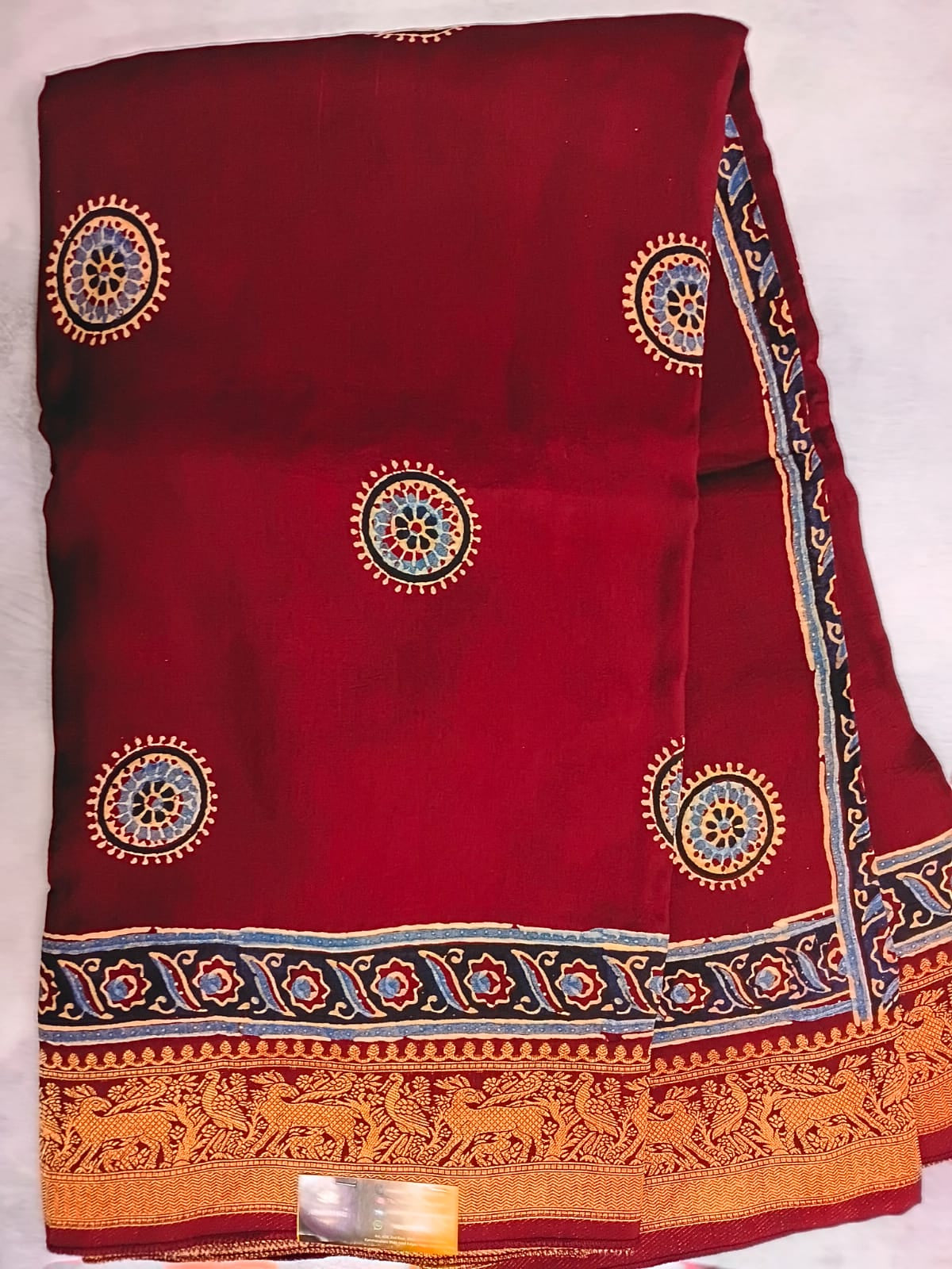 red ajrak modal silk saree